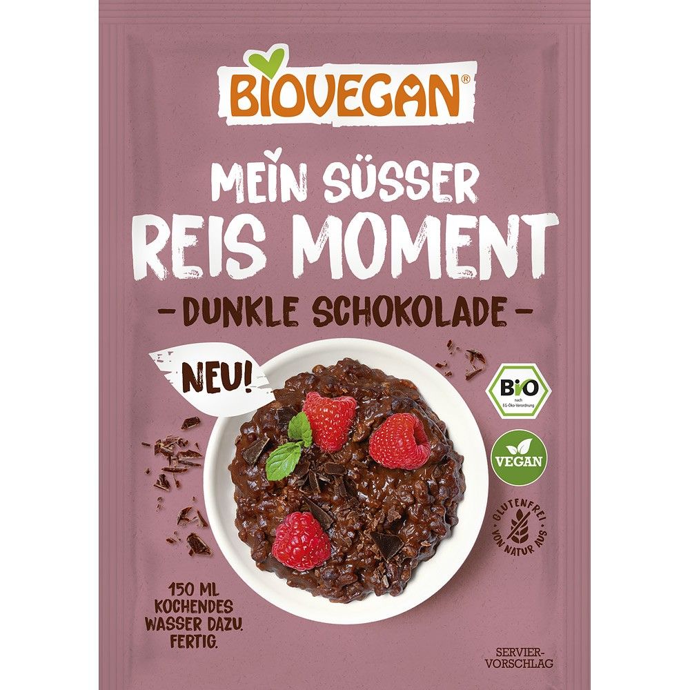 Orez desert bio cu ciocolată neagră, fructe și frunze mentă, Biovegan, ambalaj roz 60g.