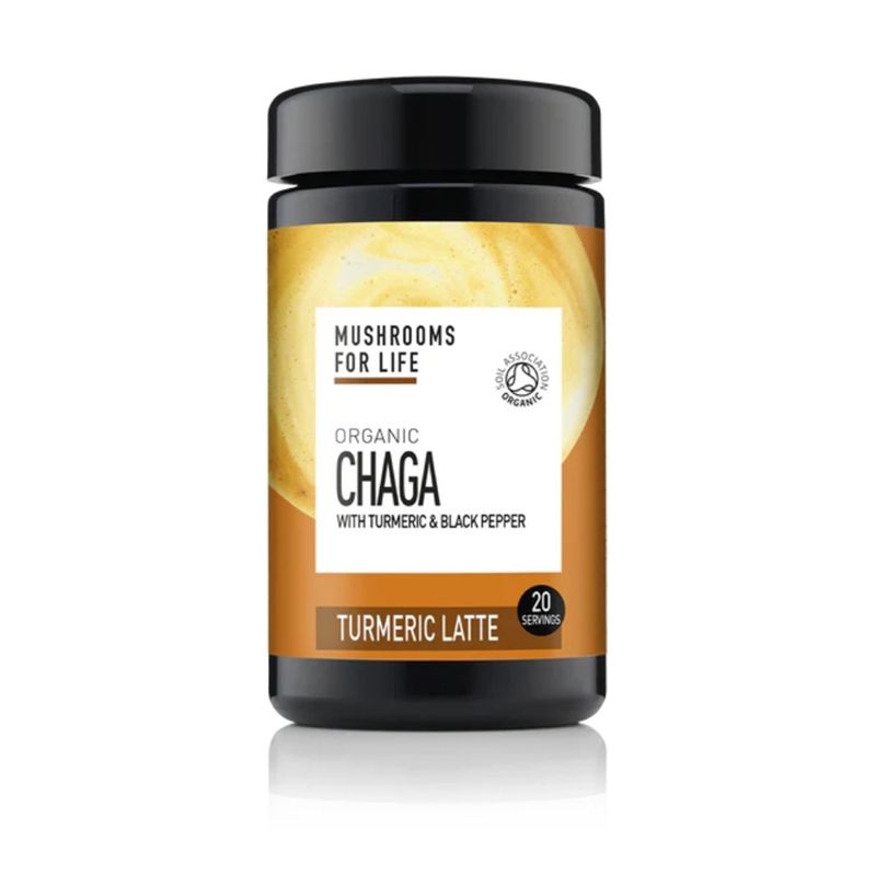 Organic Chaga Turmeric Latte Extract, borcan negru, etichetă galbenă și albă, 120 grame, MushroomsForLife.