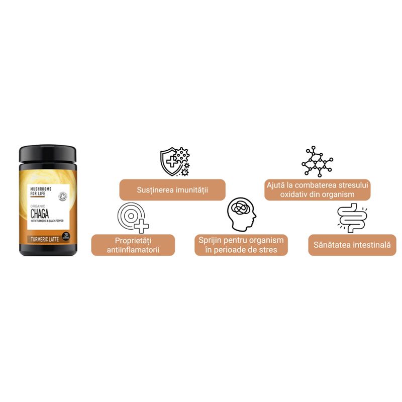 Cutie Organic Chaga Turmeric Latte 120g, etichetă maro cu detalii beneficii imunitate, susținere antioxidantă.