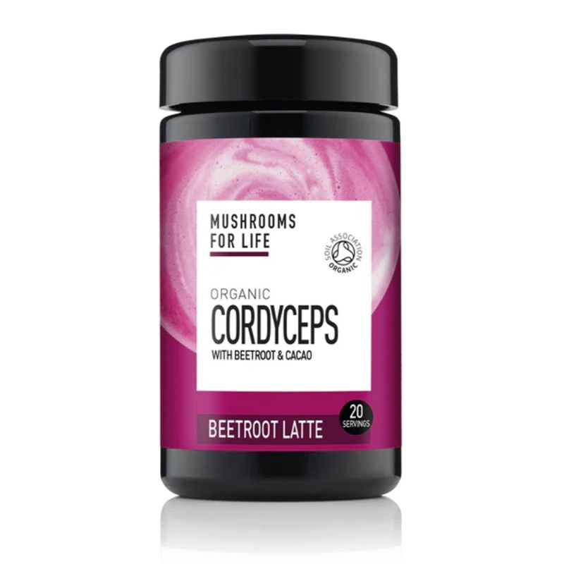 Cutie Organic Cordyceps Beetroot Latte 130g, design roz și negru, MushroomsForLife.