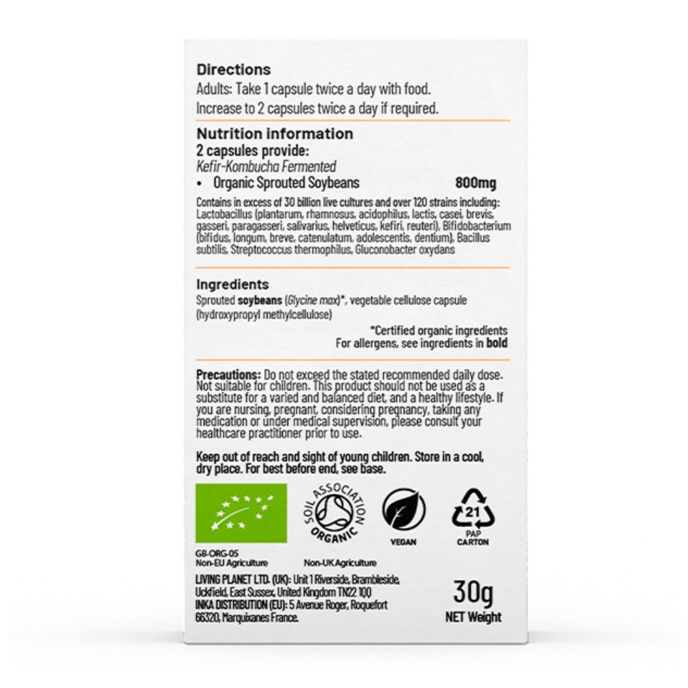 Instrucțiuni și informații nutriționale pe ambalajul suplimentului prebiotic și probiotic Organic Fermented.