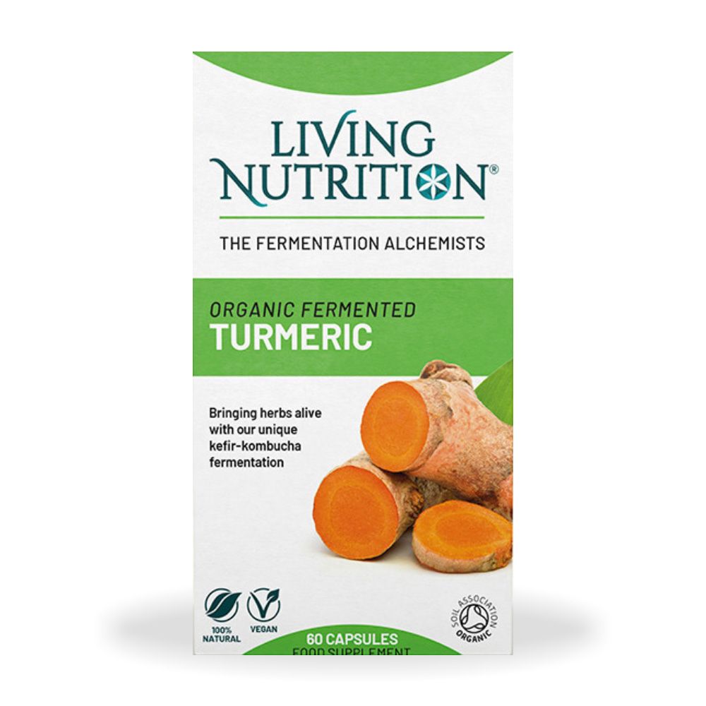 Cutie supliment turmeric fermentat organic Living Nutrition, 60 capsule, verde și alb.