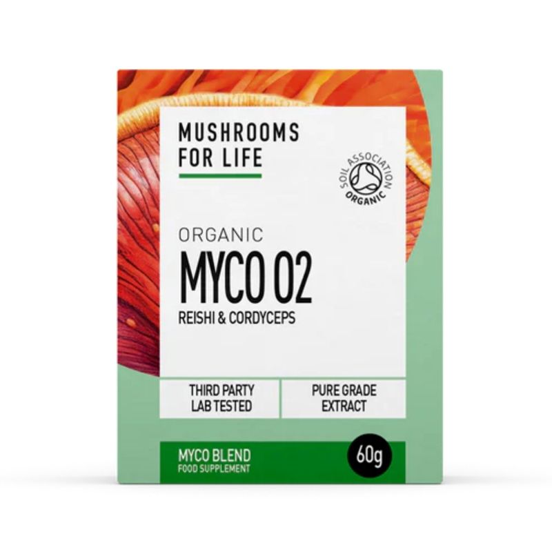 Cutie Organic Myco O2 Reishi și Cordyceps 1000 mg, verde cu detalii portocalii, 60g.