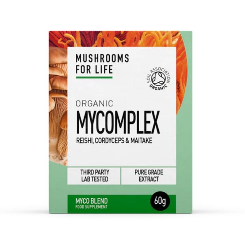 Cutie Organic Mycomplex Reishi, Cordyceps și Maitake 1000 mg, MushroomsForLife, 60g, design verde.