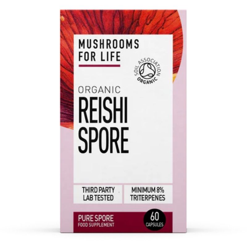 Capsule organice Reishi Spore 800mg, MushroomsForLife, cutie albă și roz, 60 capsule.