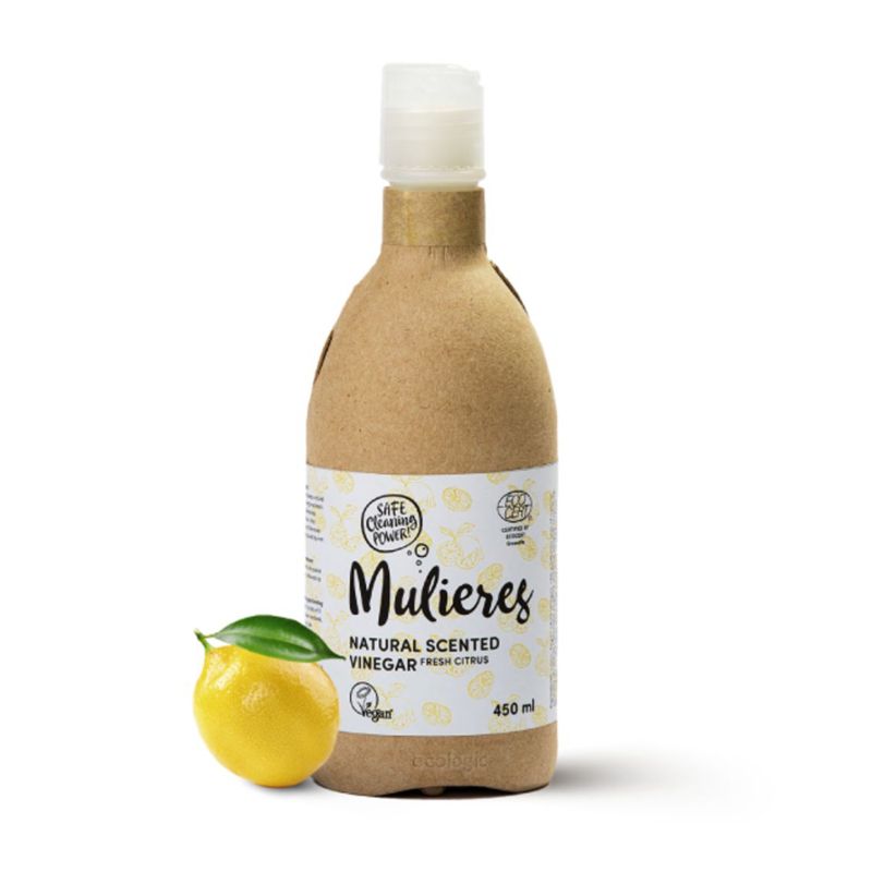 Oțet Mulieres citrice 450ml, sticlă maro, frunză de lămâie, design ecologic minimalist.