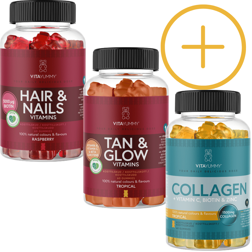 Pachet Vitayummy Beauty cu jeleuri vegane, culori diverse, borcane cu etichete colorate.