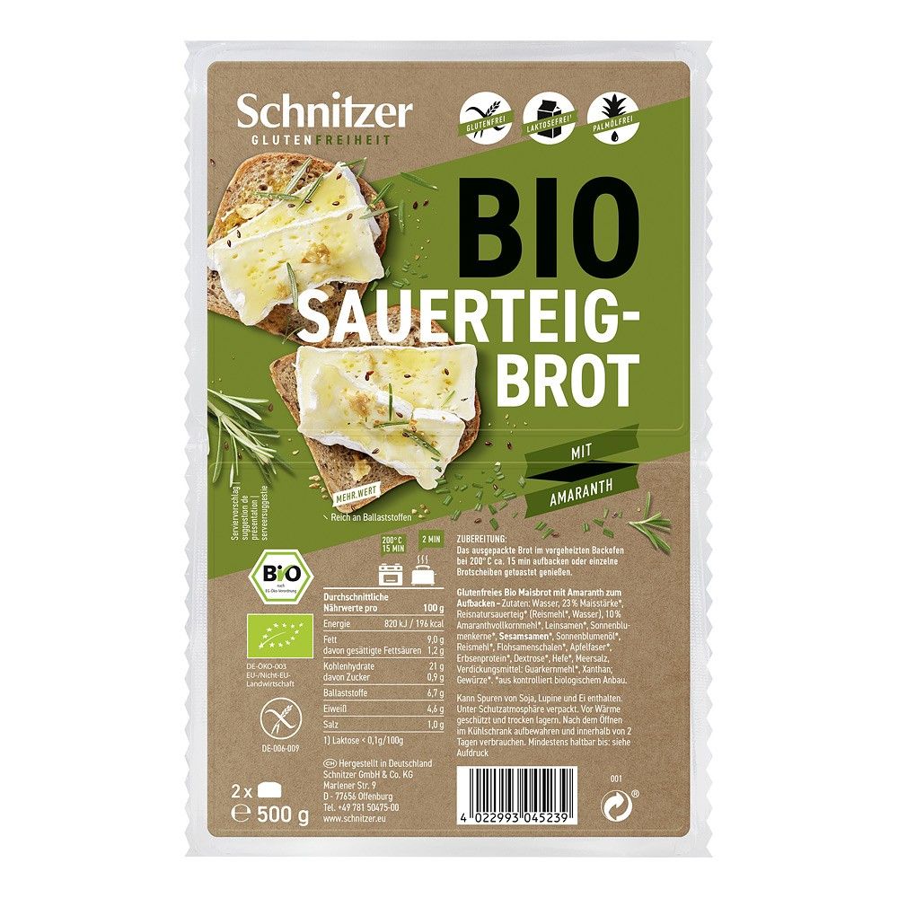 Pâine bio cu maia și amarant fără gluten Schnitzer 500g, ambalaj verde, felii decorate cu brânză și ierburi.