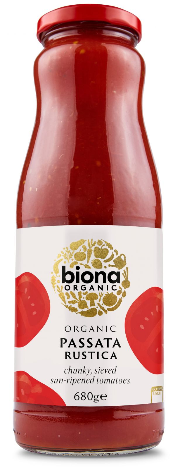 Pasatta rustica bio Biona 680g în sticlă, capac roșu, etichetă cu logo auriu și roșii ilustrate.