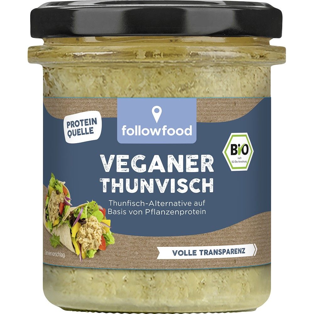 Pasta vegană alternativa la ton Followfish, borcan sticlă, etichetă albastră și verde.