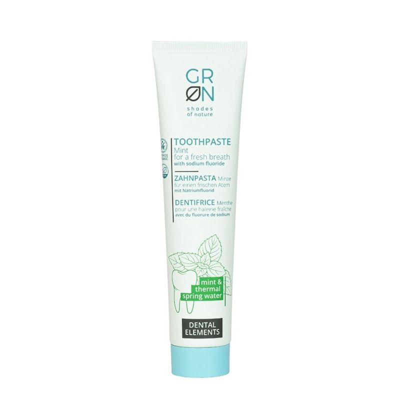 Pasta de dinți Bio Organica cu mentă, apă termală, fluorură de sodiu, tub 75ml, GRN Shades of Nature.