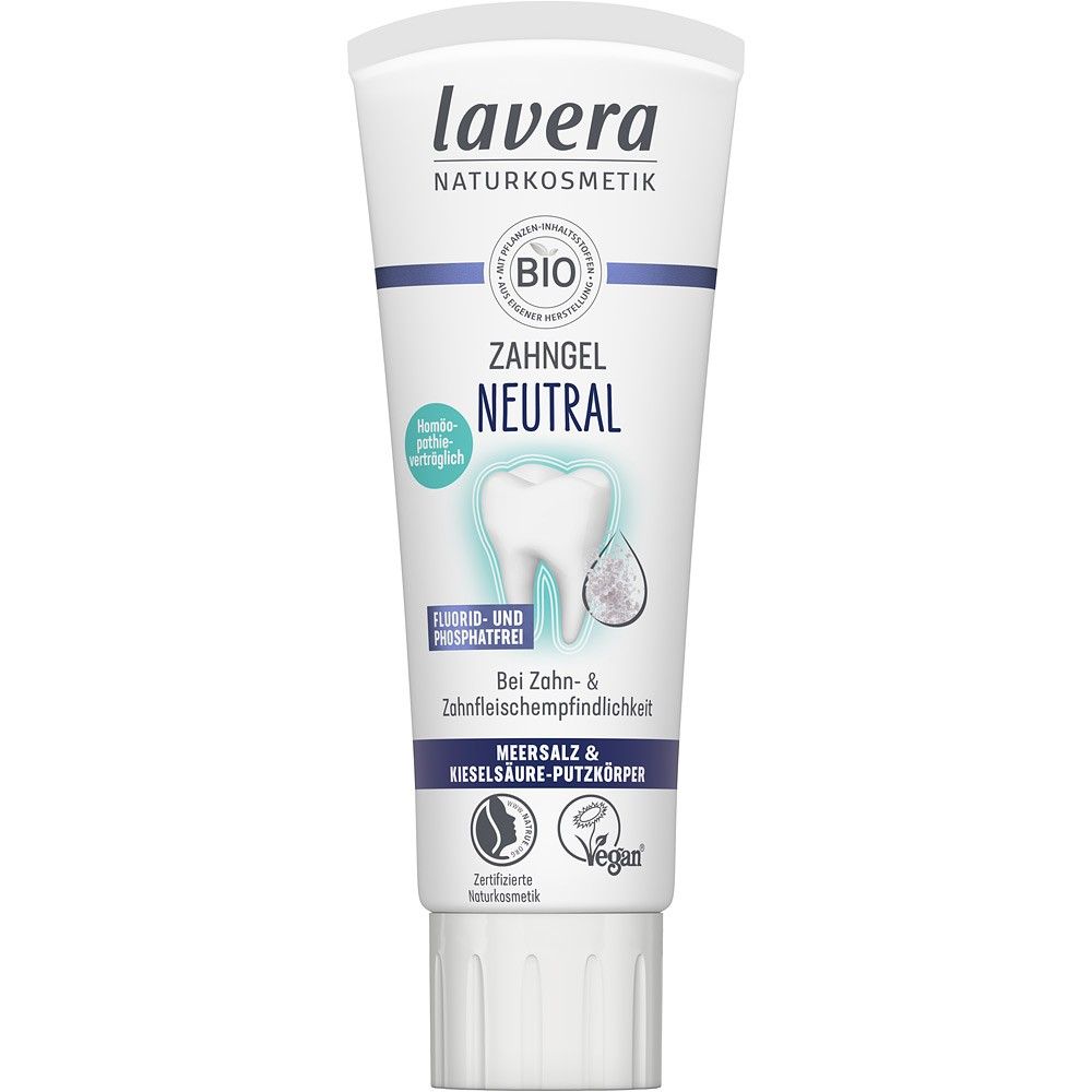 Pastă dinți Neutral Lavera, 75ml, fără fluor sau fosfați, tub alb cu detalii albastre și logo bio.