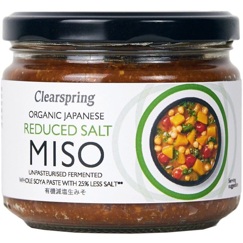 Pasta de miso nepasteurizat cu sare redusă Clearspring, 270g, organică, borcan sticlă.
