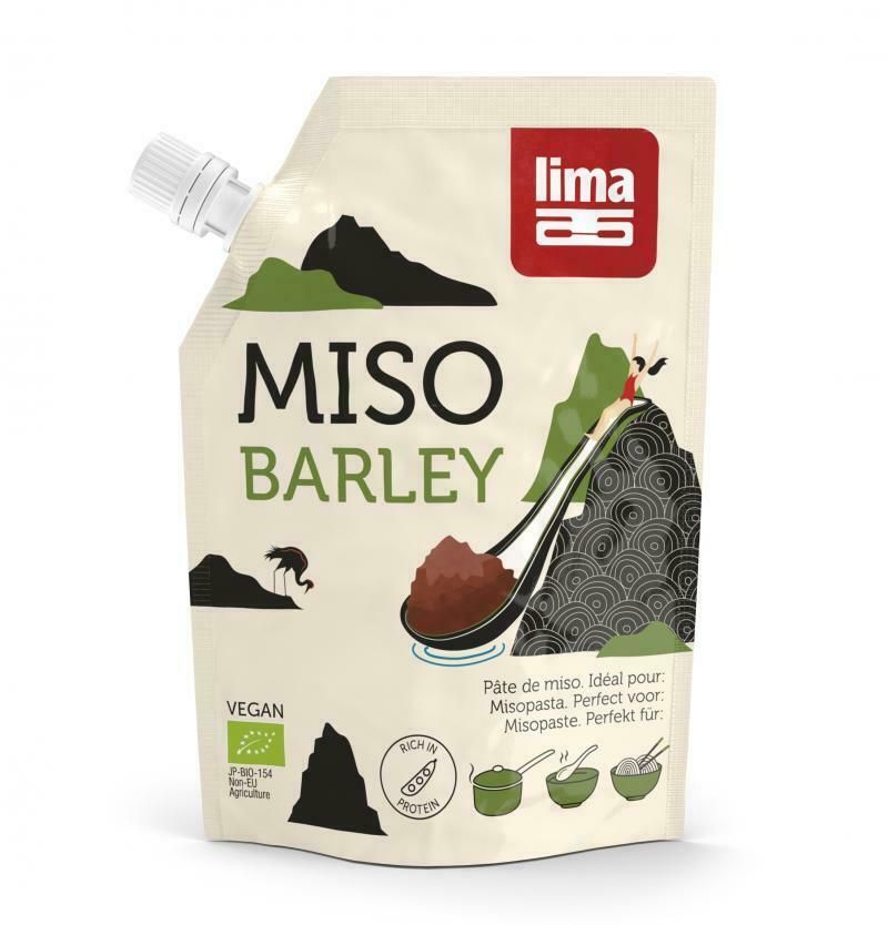 Pasta Miso de orz și soia BIO Lima 300g ambalaj gri cu grafică montană.