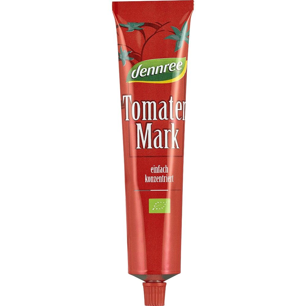 Pasta de tomate bio Dennree tub roșu 150g, ambalaj ecologic.