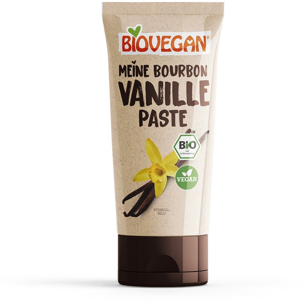Pasta de vanilie Bourbon Biovegan, 50g, tub maro și crem, bio, cu siglă vegană.