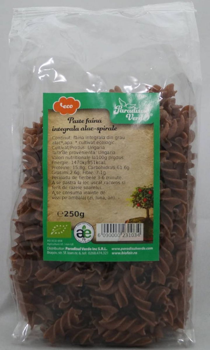 Paste spirale din făină integrală de alac, ambalaj 250g, ecologice, marca Paradisul Verde.