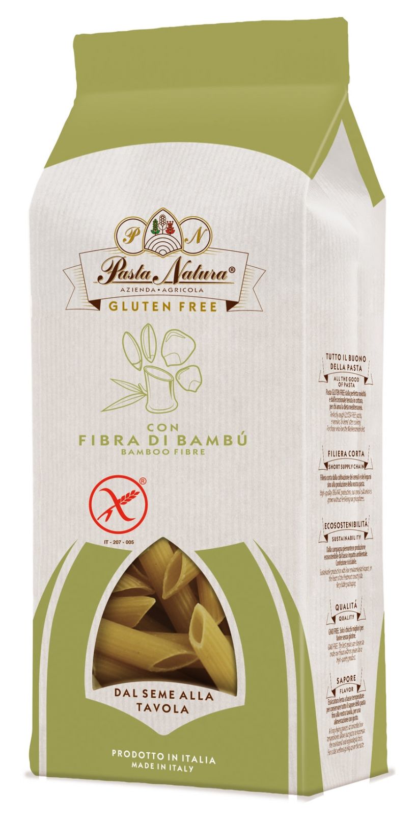 Paste maccheroni cu bambus fără gluten 250g Pasta Natura, ambalaj alb-verzui, ingrediente vizibile.