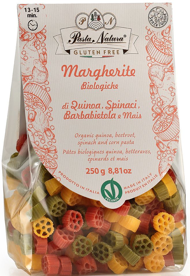 Paste margarete tricolore bio fără gluten, roșii, verzi și galbene, ambalaj 250g Pasta Natura.
