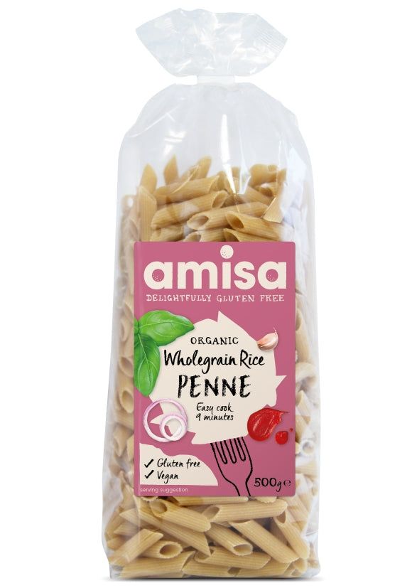 Penne din orez integral fără gluten eco Amisa, 500g, ambalaj transparent.