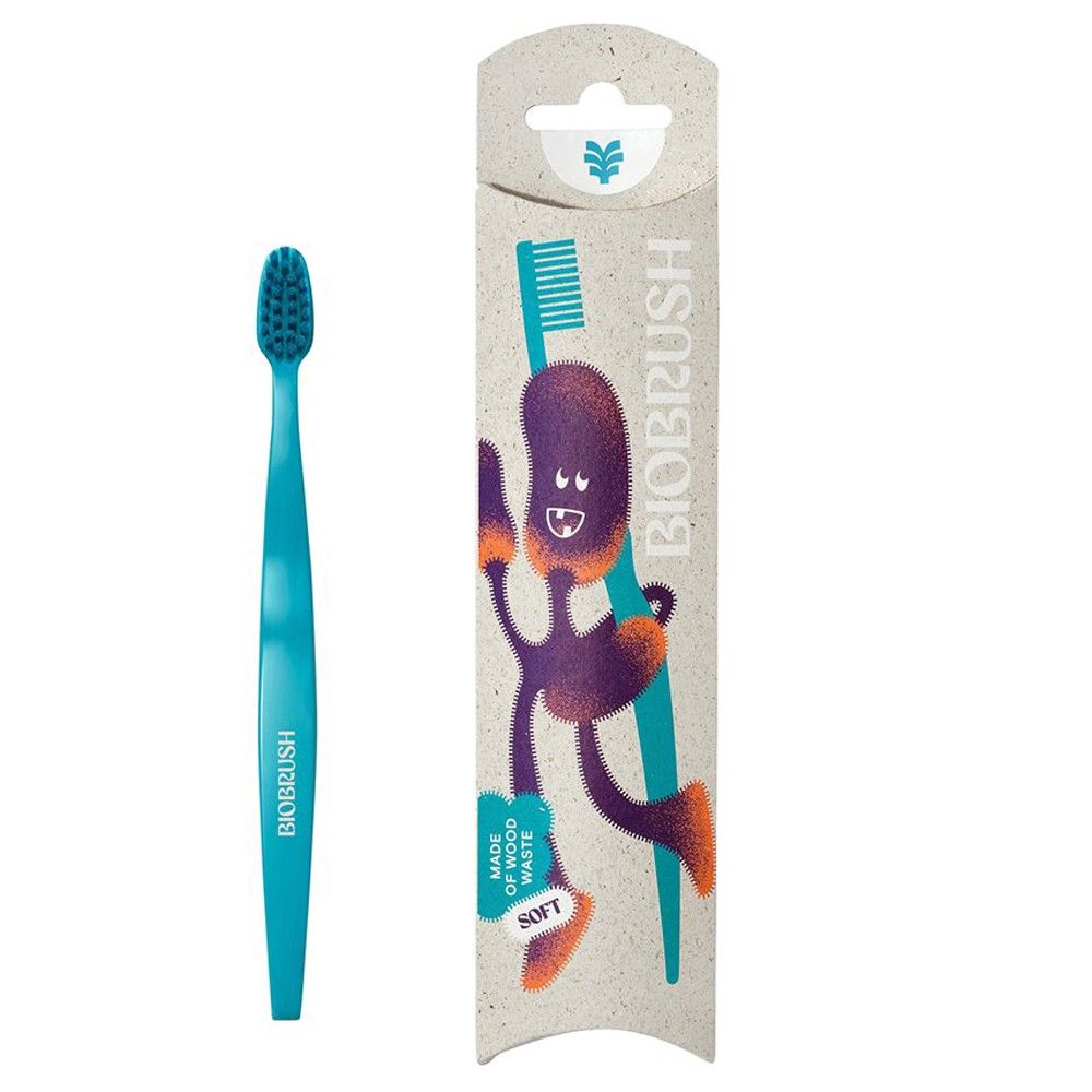 Periuță de dinți pentru copii Biobrush albastră, plastic și lemn, ambalaj cu design vesel.
