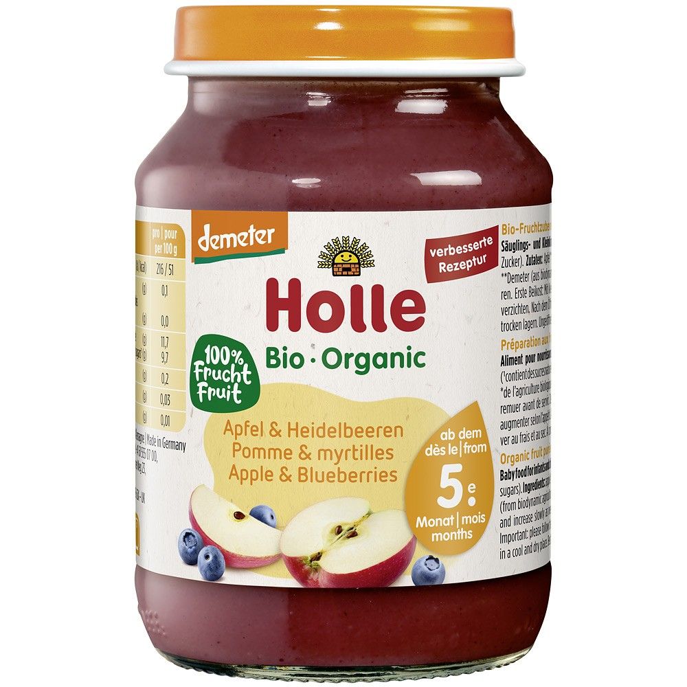 Piure bio mere și afine Holle 190g, etichetă albă cu text colorat, capac portocaliu.