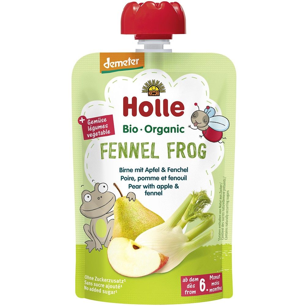 Piure bio de pere, mere și fenicul Holle, ambalaj verde cu dop roșu, 100g, pentru copii 6+ luni.