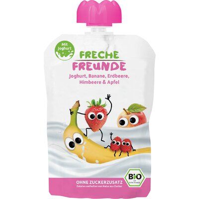 Pungă cu piure bio din căpșuni, zmeură și iaurt, 100g, ambalaj alb-roz, design cu ilustrații fructe.