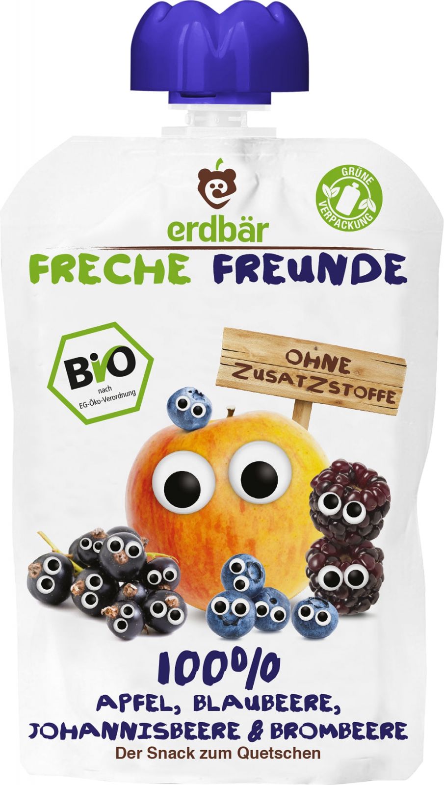 Piure bio Erdbar mere afine coacăze mure, ambalaj alb cu verde și capac mov.