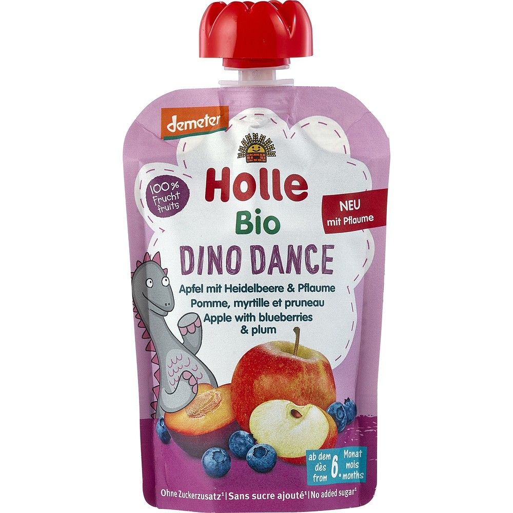 Piure bio Holle pentru copii, mere, afine, prune, pachet 100g mov cu capac roșu.