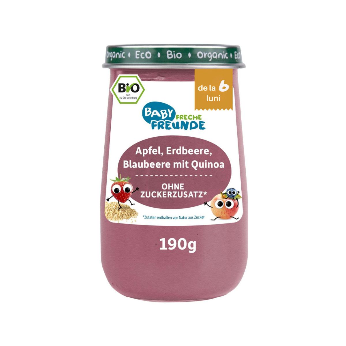 Piure bio de mere, căpșuni, afine și quinoa Erdbar 190g, fără zahăr, etichetă colorată.