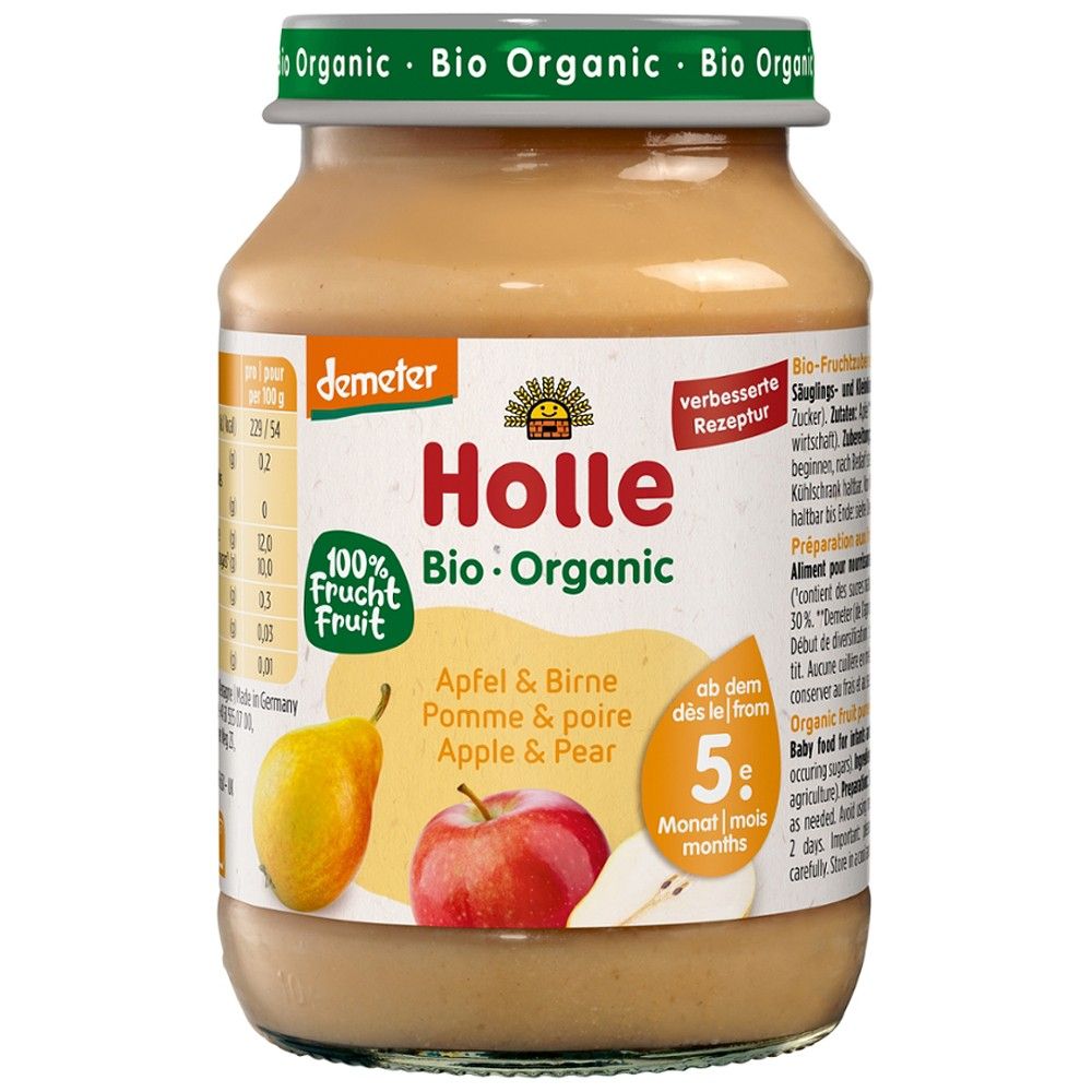 Piure bio mere și pere pentru copii 5 luni, 190g Holle, etichetă colorată, borcan sticlă.