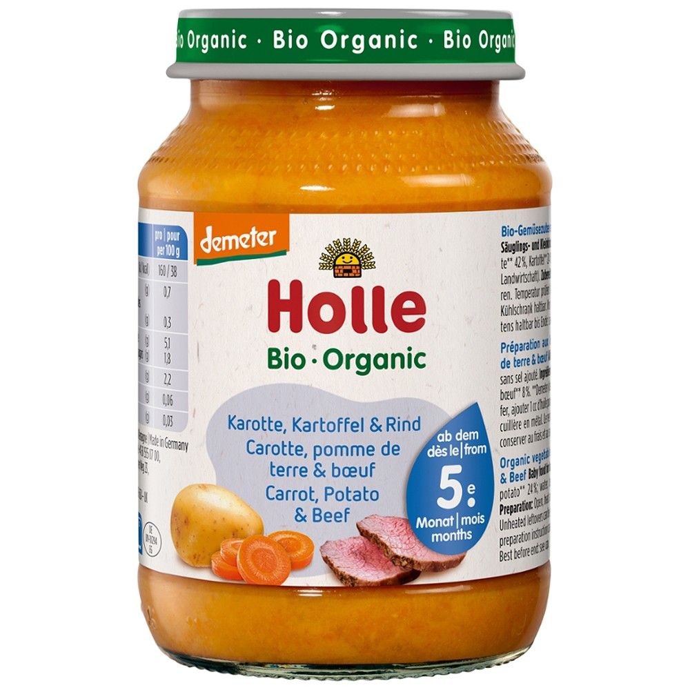 Piure bio morcovi, cartofi, carne de vită Holle, fără gluten, pentru copii +5 luni, 190g, borcan sticlă.