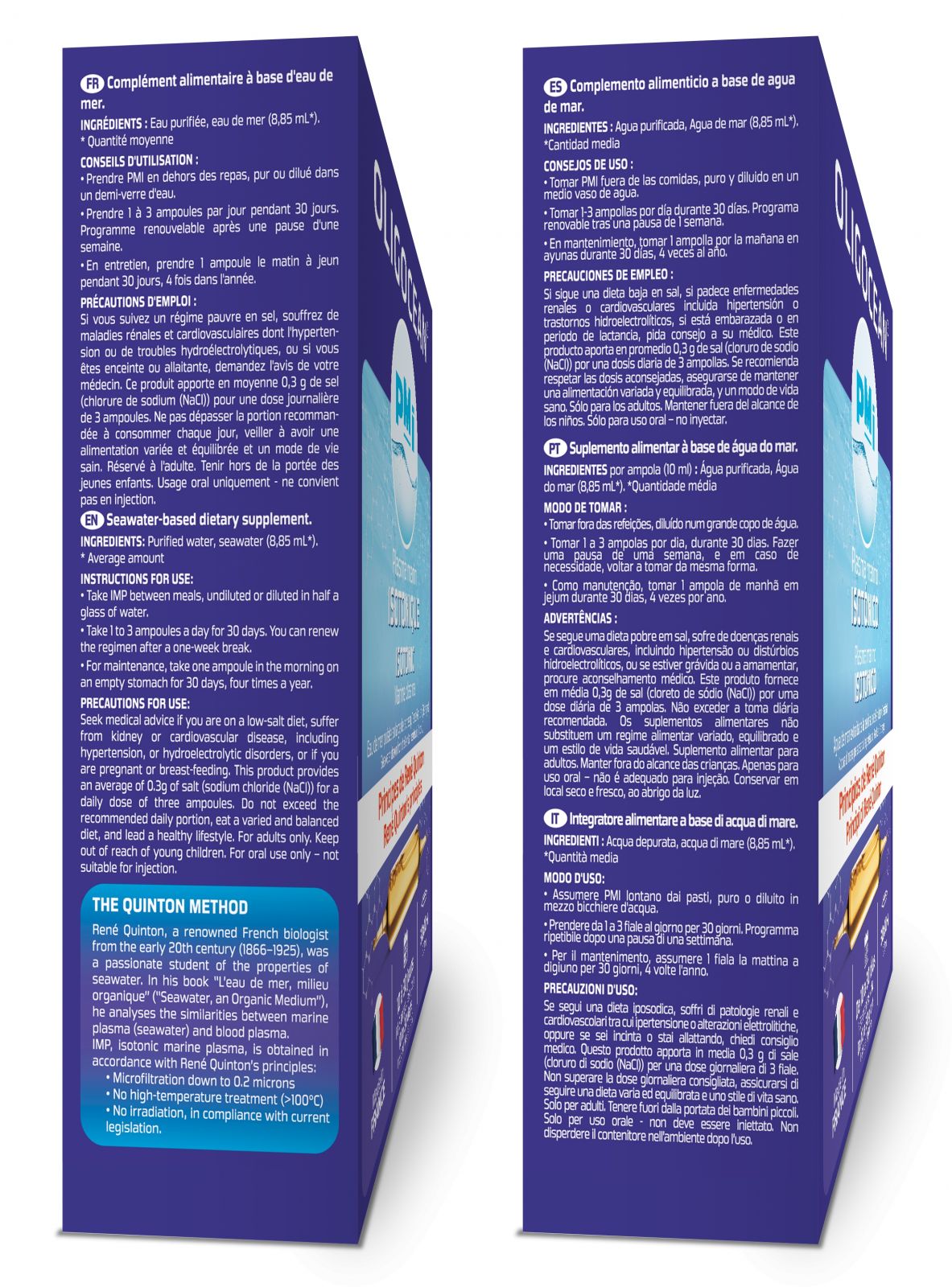 Ambalaj lateral Plasma Marina Izotonica Oligocean, text multilingv alb-albastru, cutie dreptunghiulară.