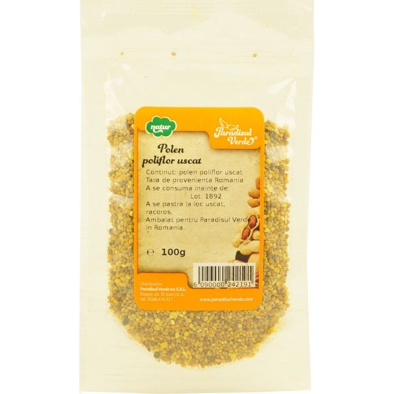 Polen poliflor uscat 100g Paradisul Verde, granule galbene, ambalaj transparent.