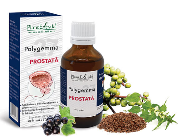 Sticlă Polygemma 27 prostată 50ml, cutie și ingrediente plante în fundal.