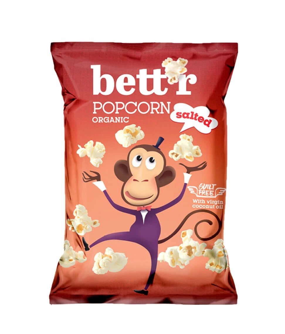 Popcorn cu sare bio Bettr 60g, ambalaj roșu, fără gluten, cu ulei de cocos.