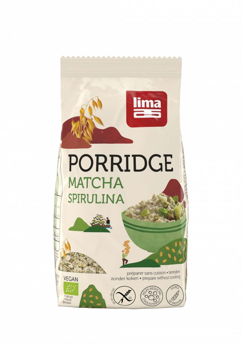 Porridge fără gluten cu matcha și spirulină în ambalaj de 350g, Lima. Vegan.