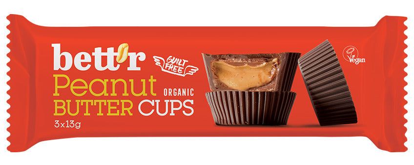 Praline bio arahide Bettr 3x13g, ambalaj roșu, fără gluten, vegan.
