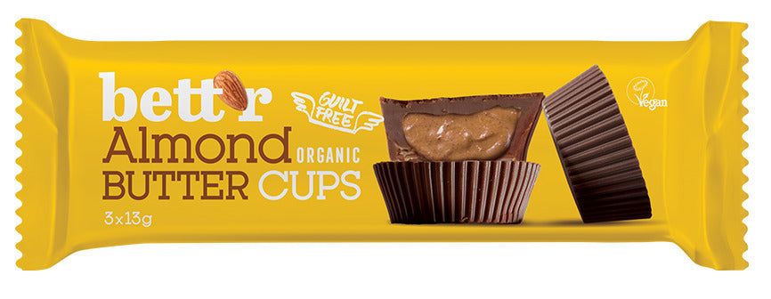 Praline bio cu cremă de migdale Bettr, ambalaj galben, fără gluten, vegan, 3x13g.