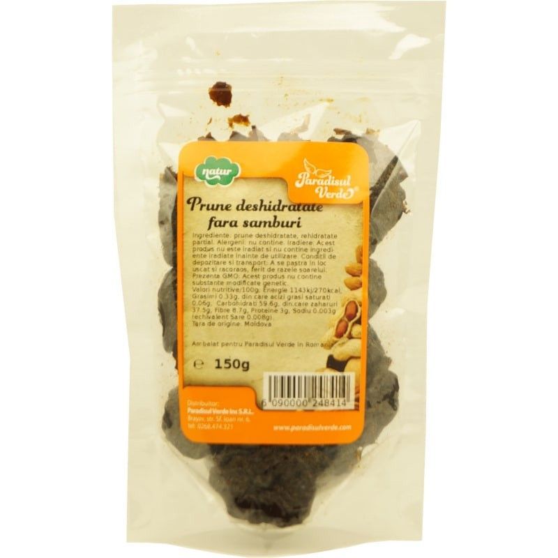 Prune deshidratate fără sâmburi, ambalaj transparent, 150g, Paradisul Verde.