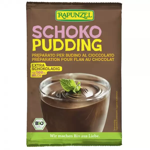 Pudra budinca de ciocolata bio Rapunzel 43g, ambalaj maro, cacao bio.