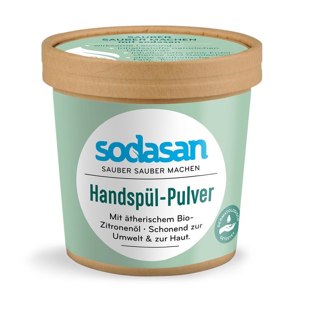 Pudra de spălat vase manual Sodasan 250g, ambalaj carton, verde deschis.