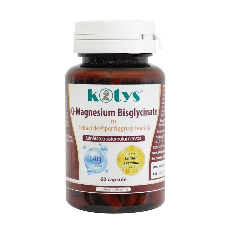 Flacon Q-Magnesium Bisglycinate cu etichetă albă și capac alb, 60 capsule, Kotys.