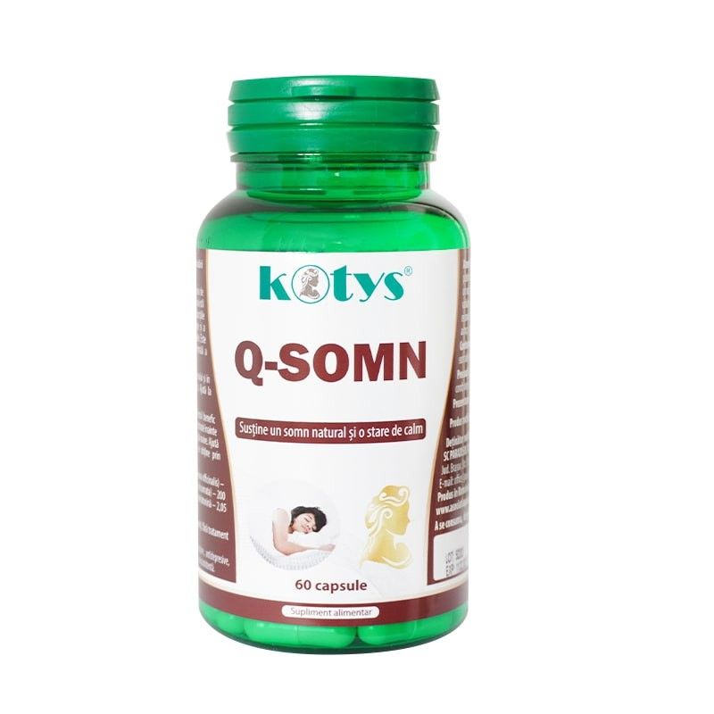 Flacon verde Q-SOMN 60 capsule, supliment pentru somn cu Valeriana, Melatonină.