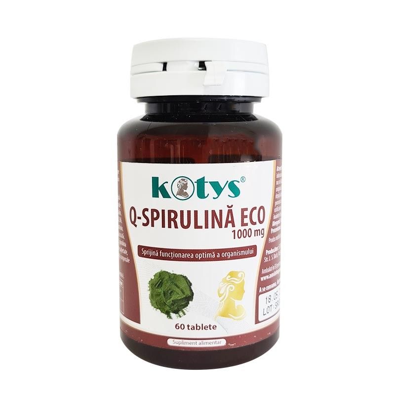 Cutie maro Q-SPIRULINA ECO 1000mg, 60 tablete, KOTYS, capac alb.
