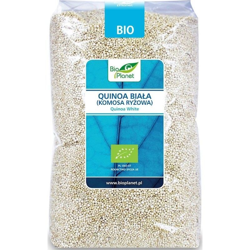 Quinoa albă Bio Planet 1kg în ambalaj transparent cu etichetă albastră.