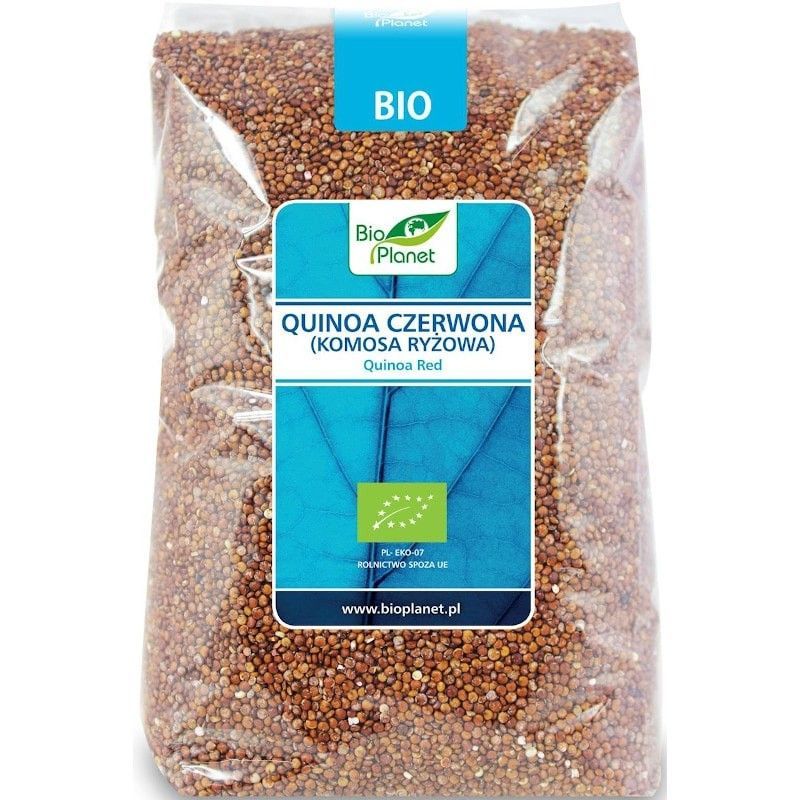 Pungă Quinoa Roșie Bio 1kg Bio Planet, etichetă albastră, granule roșii.