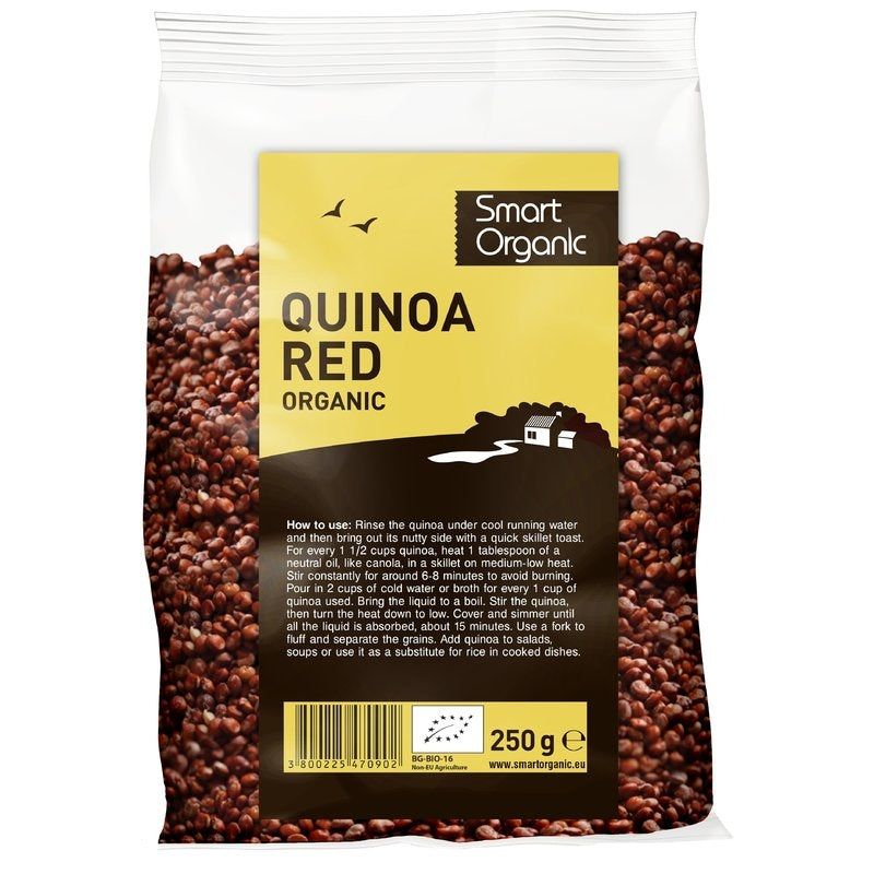 Quinoa roșie eco Smart Organic 250g, ambalaj transparent și etichetă galbenă cu text explicativ.