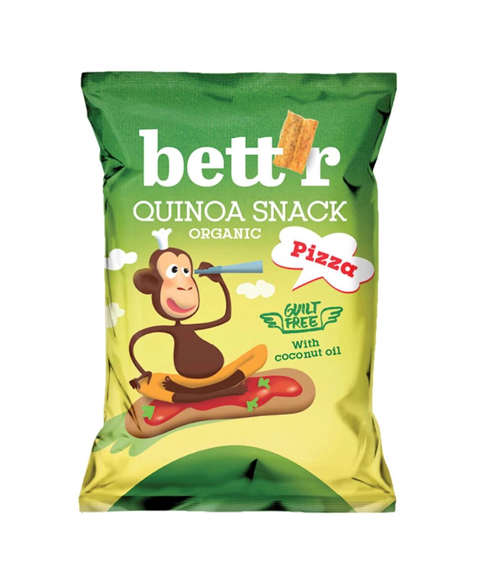 Quinoa snack pizza bio 50g Bettr, ambalaj verde cu grafică maimuță și textură crocantă.